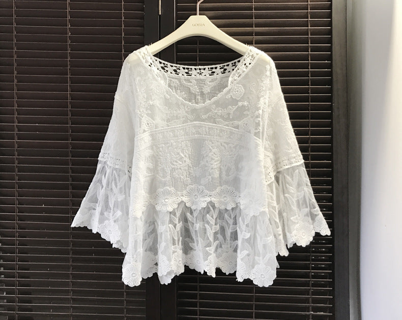 Summer Oversized Knitted Cardigan Cotton Lace Shirt Shawl