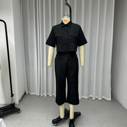 New Casual Short-sleeved Polo Collar Top Cropped Pants Two-piece Set