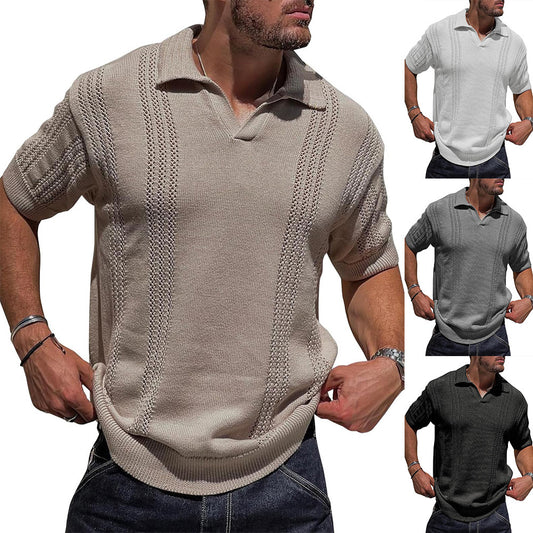 European And American Fashion Men's Knitted Polo Shirt Short Sleeve V-neck Hollow