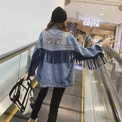 Embroidered denim jacket women loose net red tassel jacket