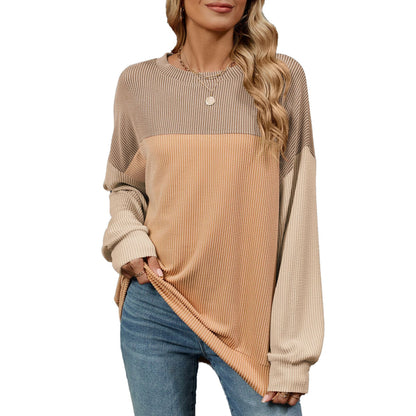 Fashion Contrast-color Round Neck Long Sleeve T-shirt Casual Pullover Top For Womens Clothing