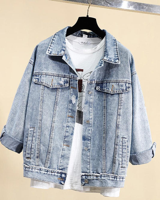 Women's ripped denim jacket spring and autumn