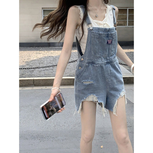 Women's All-match Denim Overalls Shorts Washed Ripped Wide Leg