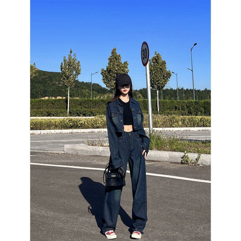 American Campus Denim Coat Jacket Mopping Wide Leg Jeans