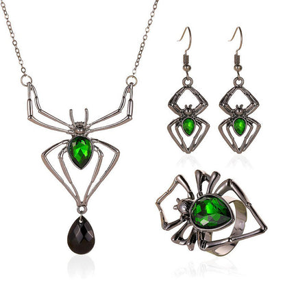 3pcs Halloween Drop-shapedp Spider Necklace Set With Earrings Ring Vintage Necklace Pendant