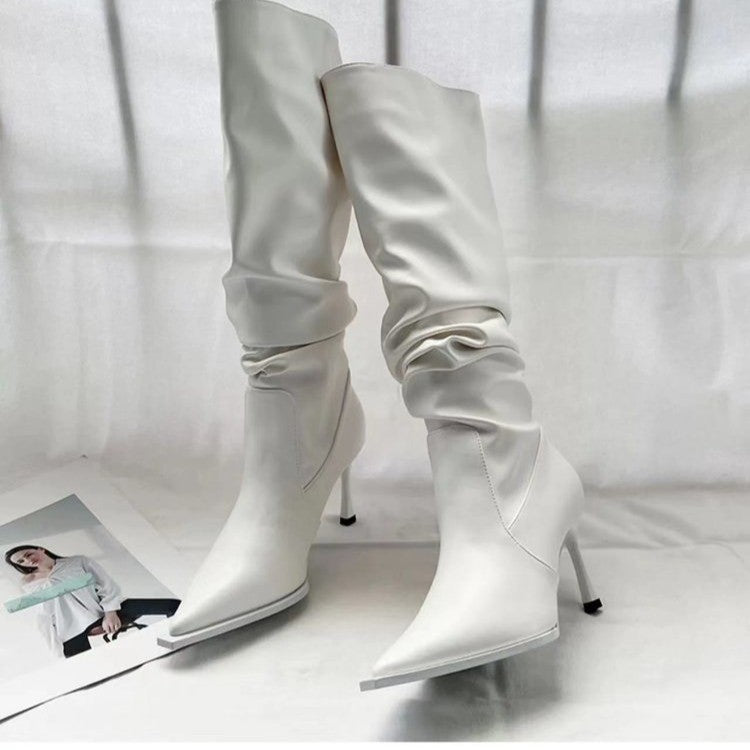 European And American Pointed Pleated High Boots Women