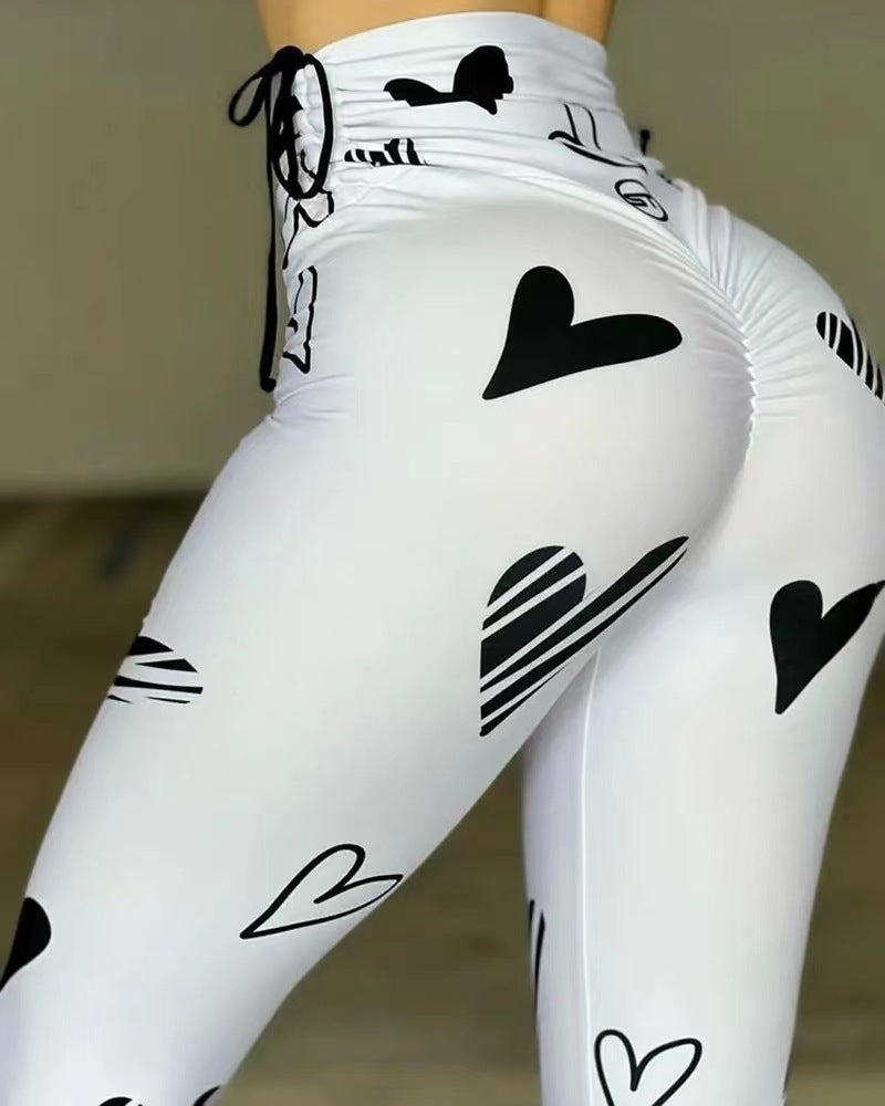 Drawstring Heart Print Yoga Sports Hip-hop Fitness Leggings