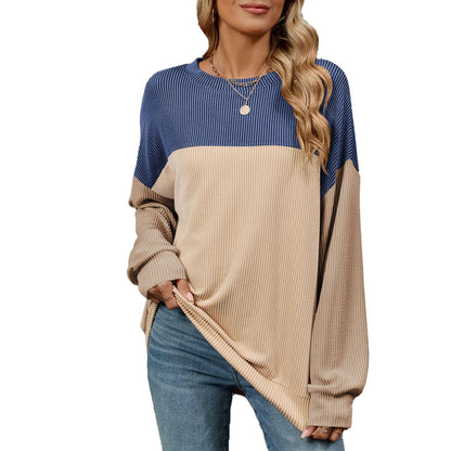 Fashion Contrast-color Round Neck Long Sleeve T-shirt Casual Pullover Top For Womens Clothing