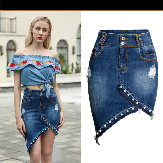 Irregular Beaded Pearl Denim Skirt