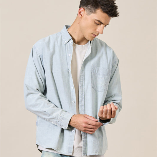 Men's Chest Pocket Embroidered Vintage Denim Long Sleeve Shirt