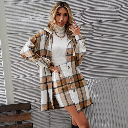 Women's Casual Woolen Women's Plaid Coat Skirt Suit