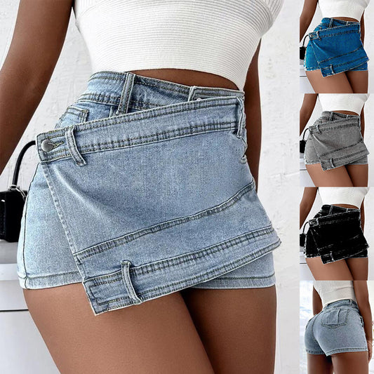 Y2K Street Vintage Denim Shorts Stretch Overlape waist wrape  Solid Asymmetrical Hem A-Line Skinny Solid