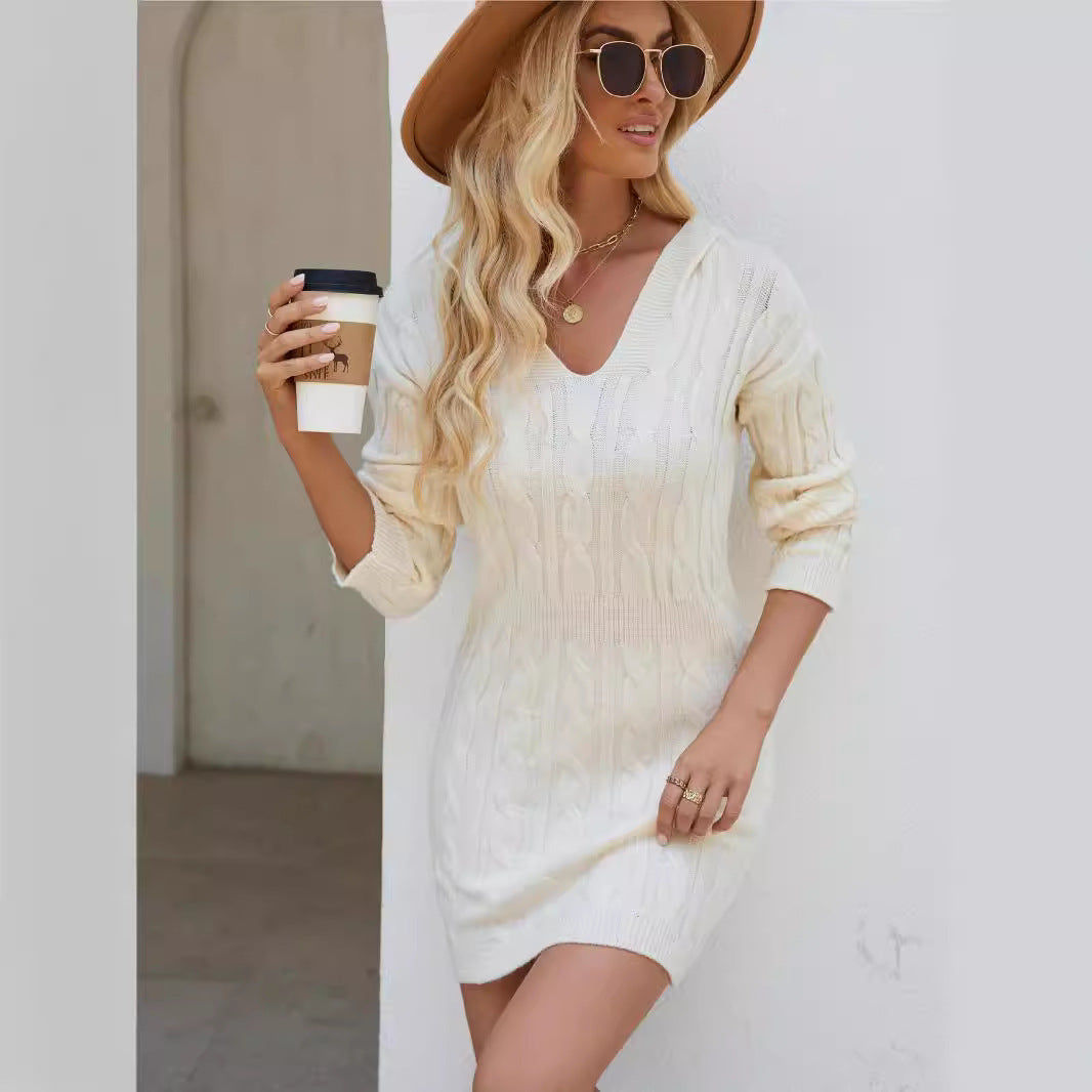 Fashion V-Neck Hooded Long Sleeve Knit Dress Ins Solid Color Slim Waisted Hip Dress Womens Clothing