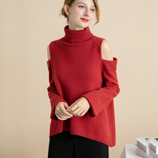 Wool off shoulder high neck knitted solid color coat , wool sweater