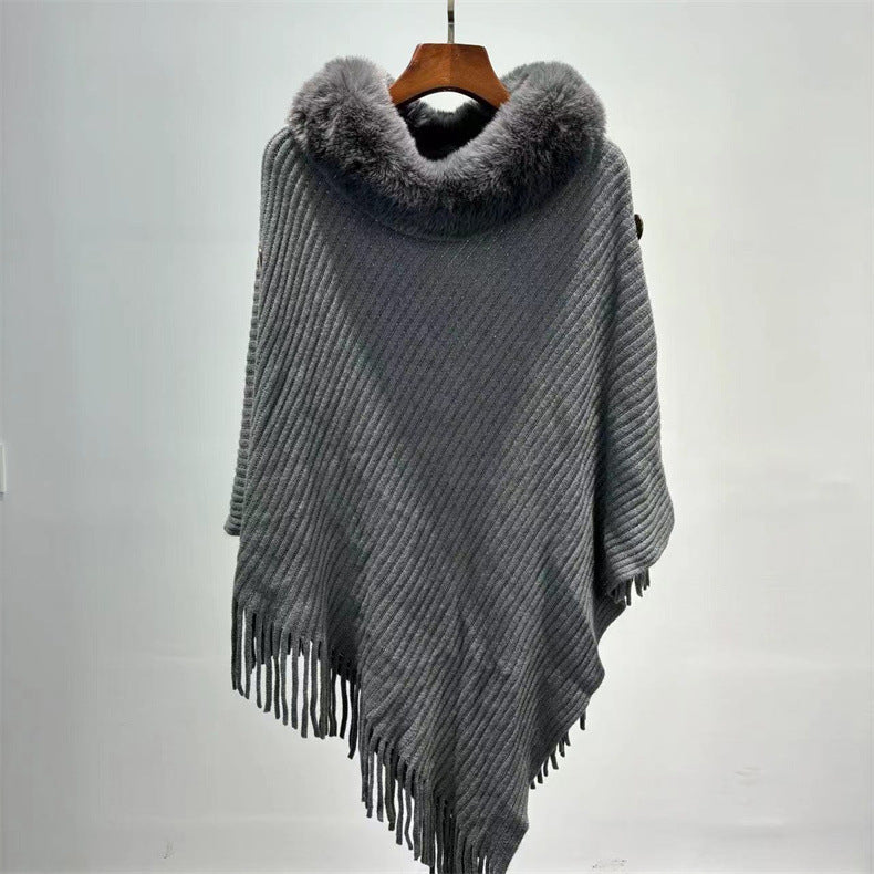 Fur Collar Shawl Knitted Lady Temperament Warm Thick Loose Tassle Fashion Atmosphere Cape