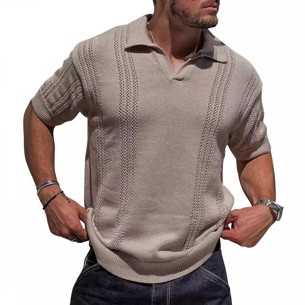 European And American Fashion Men's Knitted Polo Shirt Short Sleeve V-neck Hollow