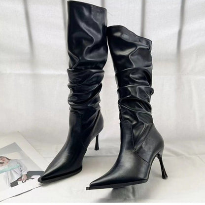 European And American Pointed Pleated High Boots Women