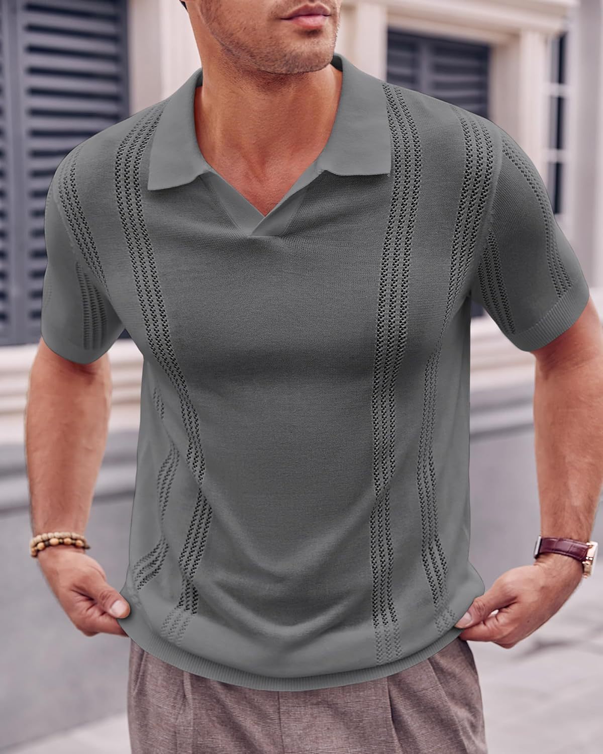 European And American Fashion Men's Knitted Polo Shirt Short Sleeve V-neck Hollow