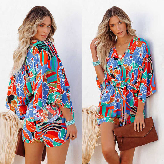 Women's Printed V-Neck Short Sleeve Loose Casual Jumpsuit