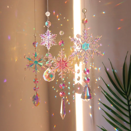 Christmas Colorful Snowflake Crystal Sun Catcher Ice Pillar Pendant Window Charistmas tree decoration  Party Pendant Christmas Decorations