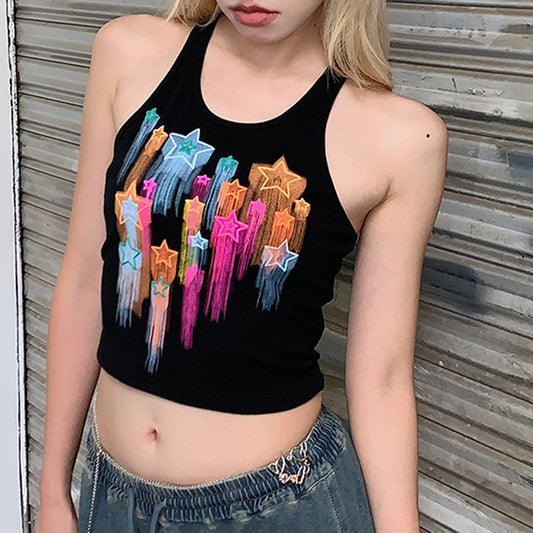 Hip-hop Wind Graffiti Meteor Flashing Colorful Print Small Tank Top Y-shaped Metal Buckle Digging Shoulder Suspenders  Bottoming  Underwear Female