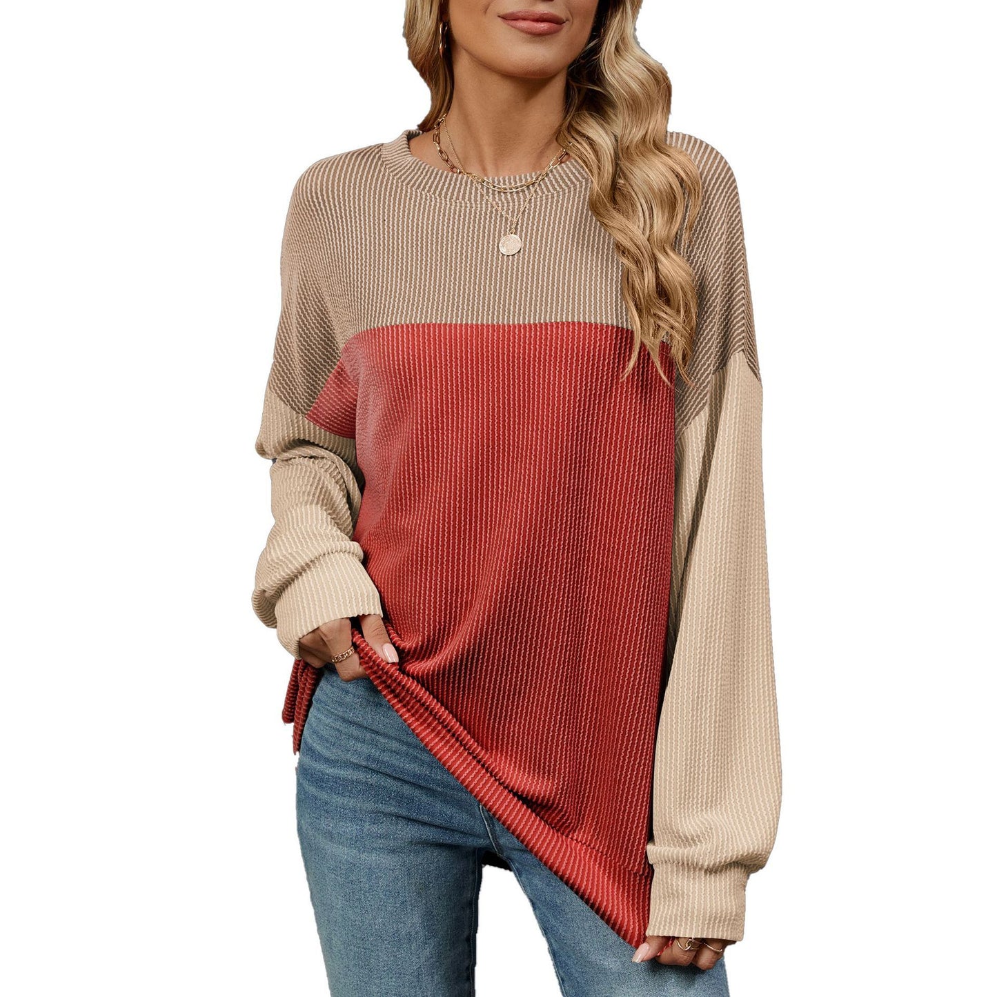 Fashion Contrast-color Round Neck Long Sleeve T-shirt Casual Pullover Top For Womens Clothing