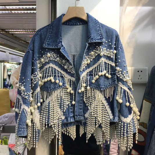 Heavy Industry Nail Pearl Tassel Denim Jacket