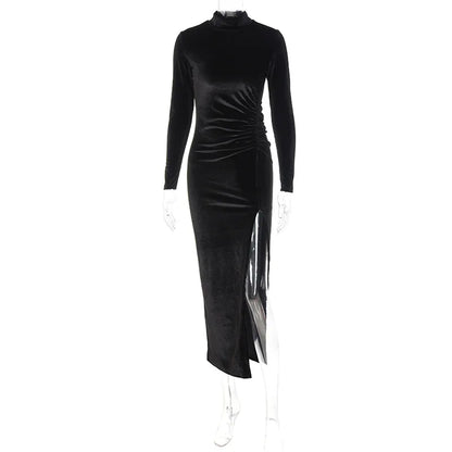 2022 Autumn Winter Women Solid Velvet Long Sleeve Ruched Midi Dress Side Slit Bodycon Sexy Streetwear Party Elegant Club