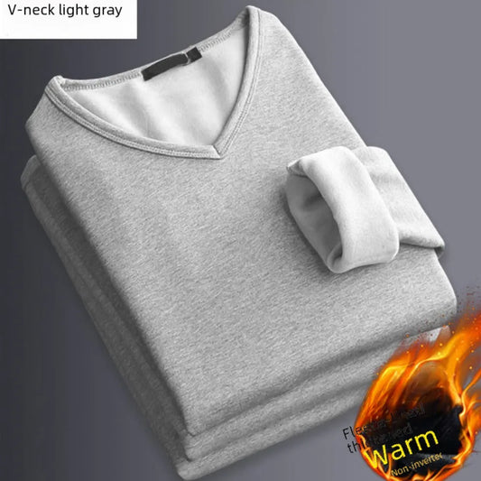 Men's Winter Thermal Underwear Tops Fleece-lined Thickened Warm Sweatshirt Solid Color O-neck V-neck Base Shirt Large Size 5XL