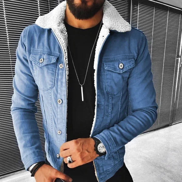 2024 Autumn Winter Men's Imitation Lamb Fleece Thickened Warm Denim Coats Plush Lapel Button Long Sleeve Denim Jackets for Men