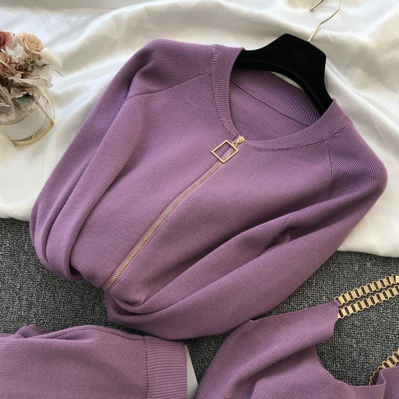 Women Zipper Knitted Cardigans Sweaters + Pants Sets + Vest Woman Fashion Jumpers Trousers 3 PCS Costumes Outfit