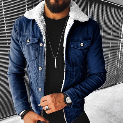 2024 Autumn Winter Men's Imitation Lamb Fleece Thickened Warm Denim Coats Plush Lapel Button Long Sleeve Denim Jackets for Men