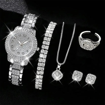 6PCS Women Watch Luxury Elegant Alloy Watch Crystal Wristwatch For Ladies Gift Quartz Watch Alloy Rhinestone Bracelet Montre