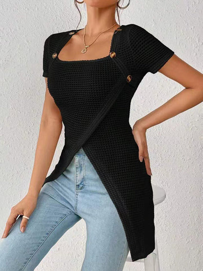 Women's Waffle Button Trim Long Hem Slit Top