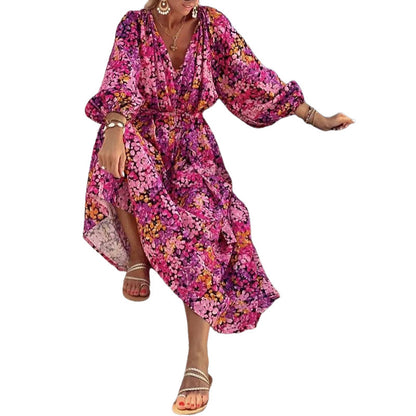 European And American Printed Long Sleeve Bohemian Mid-length Dress