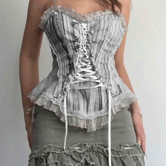 French Court Style New Vintage Straps Waist Undershirt Lace Lace Splicing Stripes Show Chest Small Sling