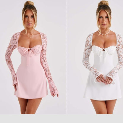 Fashion Corset Lace Long Sleeve Dress Sexy Y2K Backless Lace Up Short Dresses cWomens Clothing