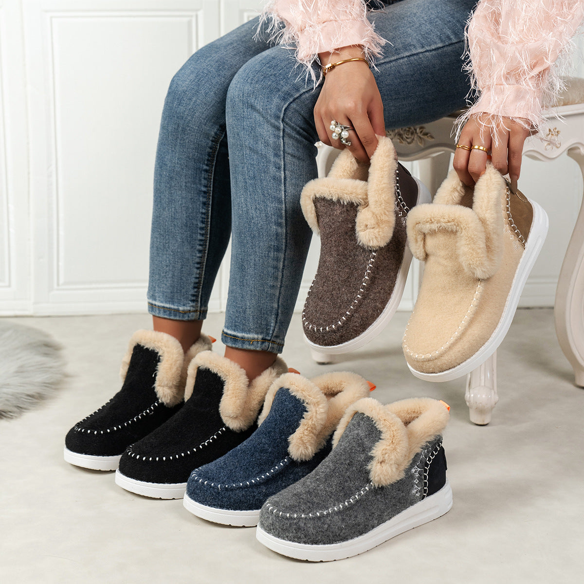 Plus Size Fleece-lined Thicker Raw Edge Warm Flat Bottom Cotton Shoes