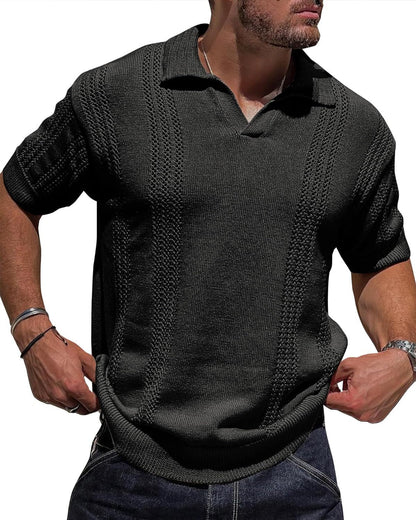 European And American Fashion Men's Knitted Polo Shirt Short Sleeve V-neck Hollow