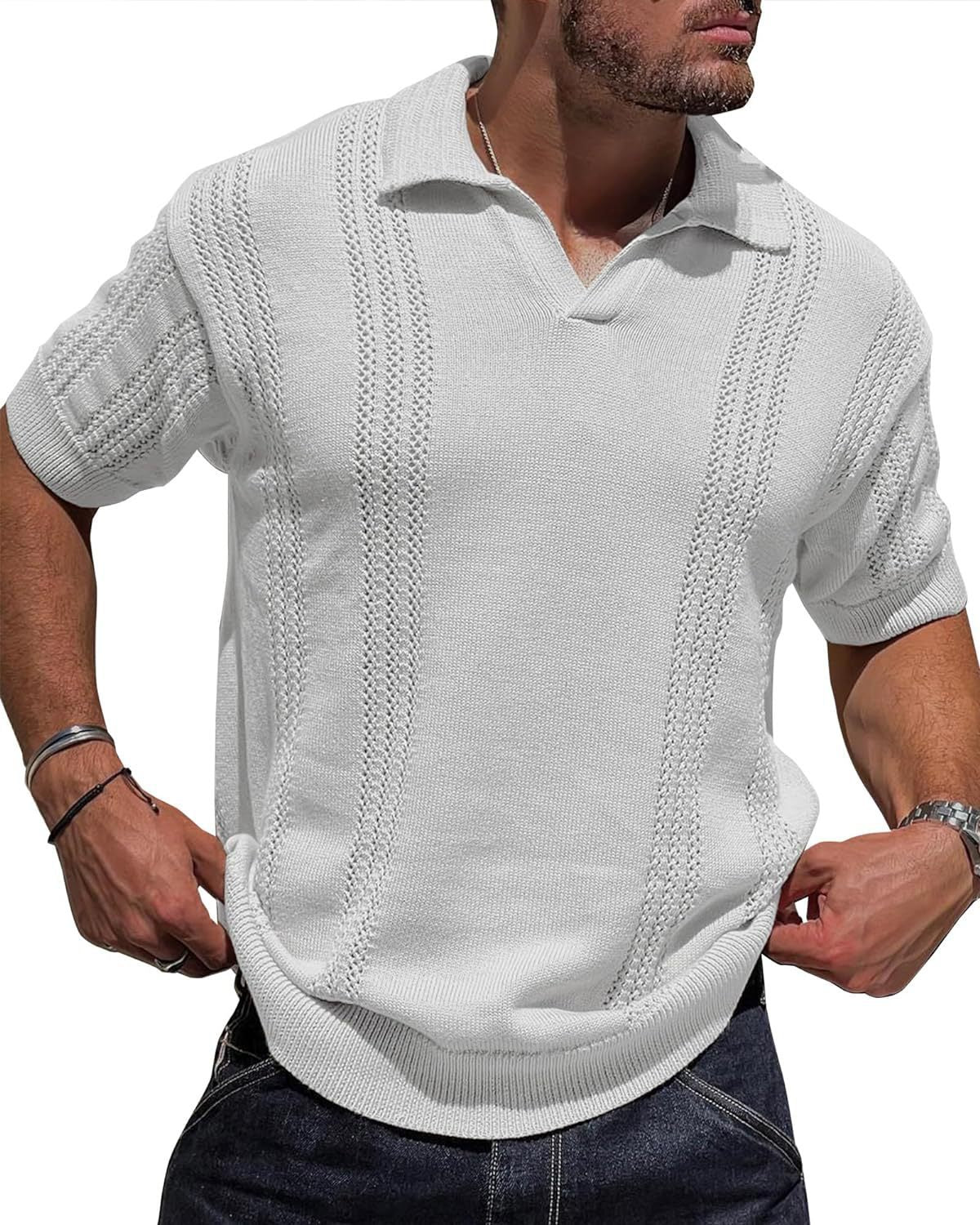 European And American Fashion Men's Knitted Polo Shirt Short Sleeve V-neck Hollow