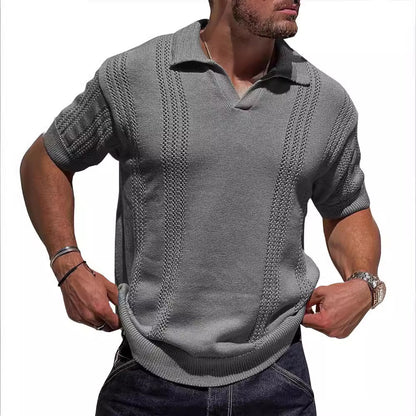 European And American Fashion Men's Knitted Polo Shirt Short Sleeve V-neck Hollow