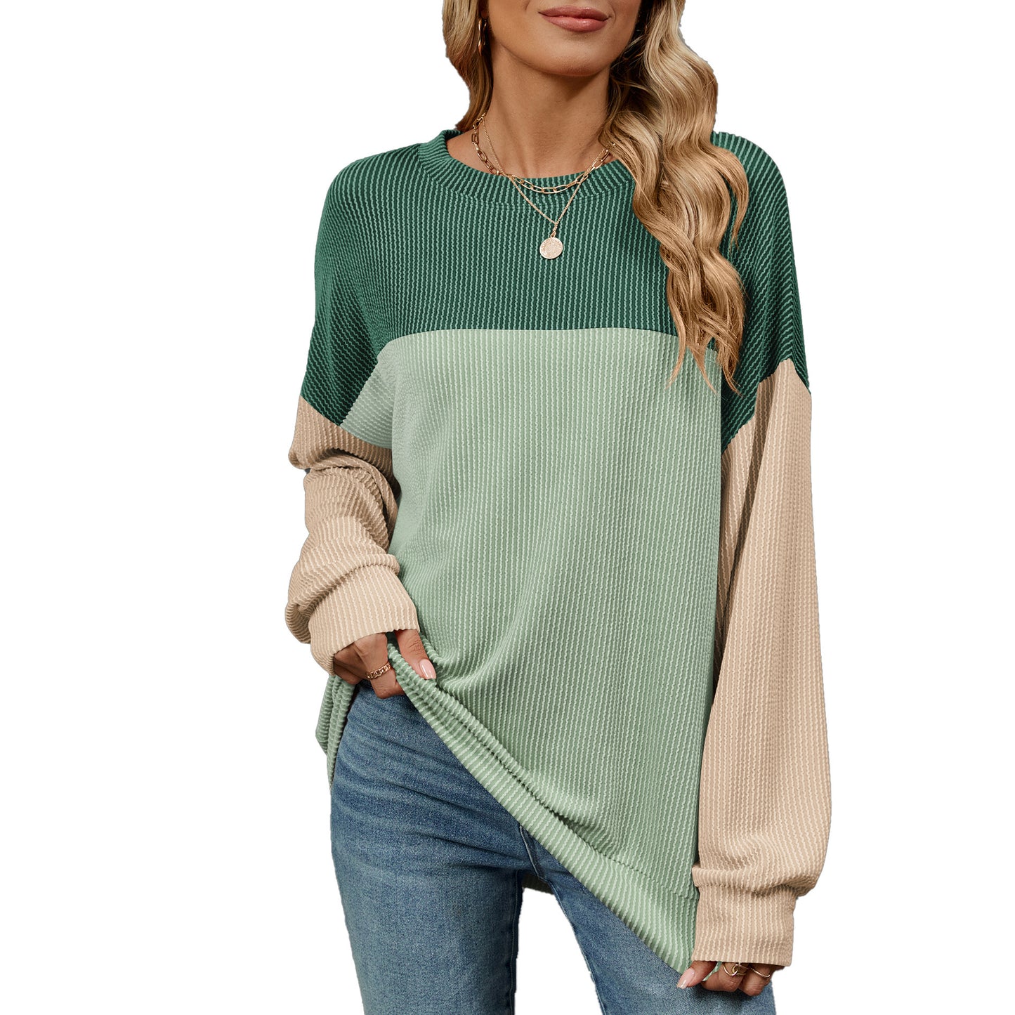 Fashion Contrast-color Round Neck Long Sleeve T-shirt Casual Pullover Top For Womens Clothing