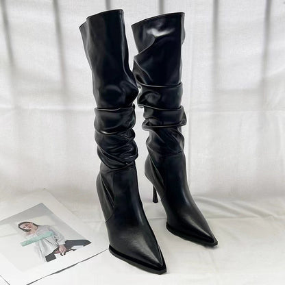 European And American Pointed Pleated High Boots Women