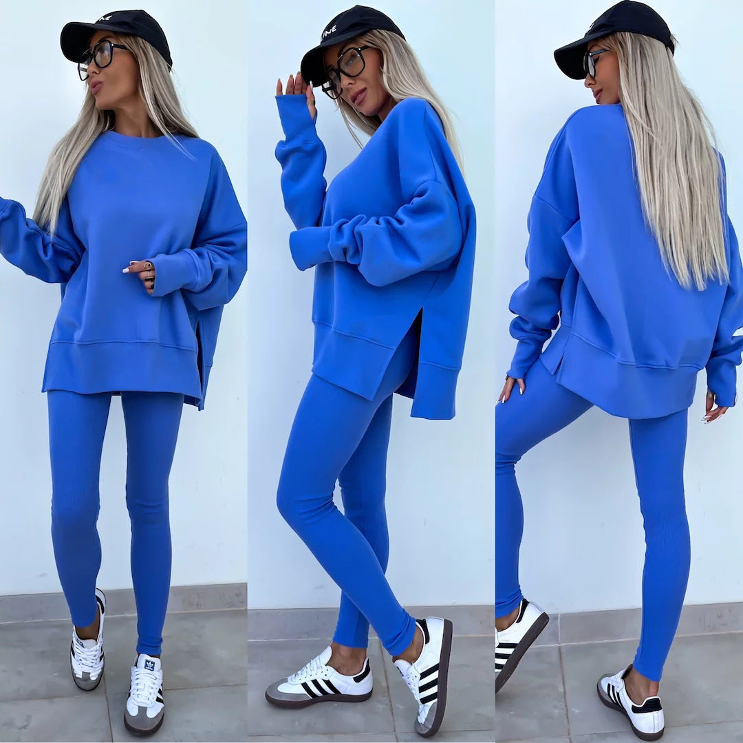 Sweater Suit Women's Casual Loose Long Sleeve Crew Neck Split Top Tight Trousers