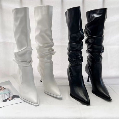 European And American Pointed Pleated High Boots Women