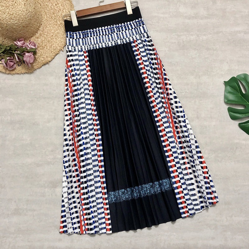 New Women's Skirts Stitching Pleated Skirt Bohemian Plaid A-line Skirt