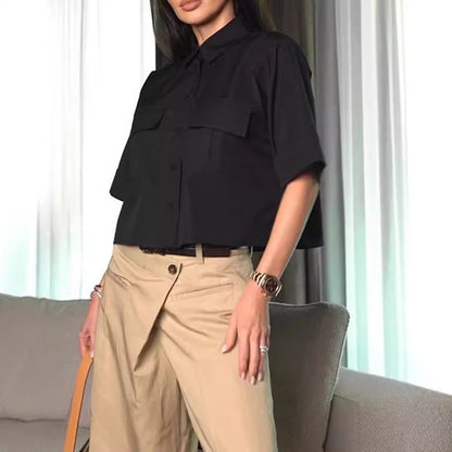 New Casual Short-sleeved Polo Collar Top Cropped Pants Two-piece Set