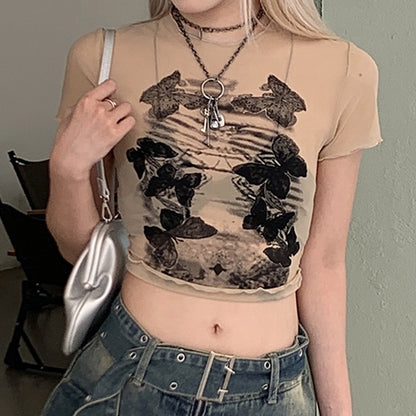 Hot Girl Wind Dark Butterfly Print Light Mesh T-shirt Round Neck Positive Shoulder Thin Wooden Ear Edge Short Paragraph Tops